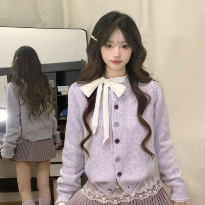 紫色圆领毛衣外套女2025春秋新款慵懒温柔风软糯针织开衫短款上衣