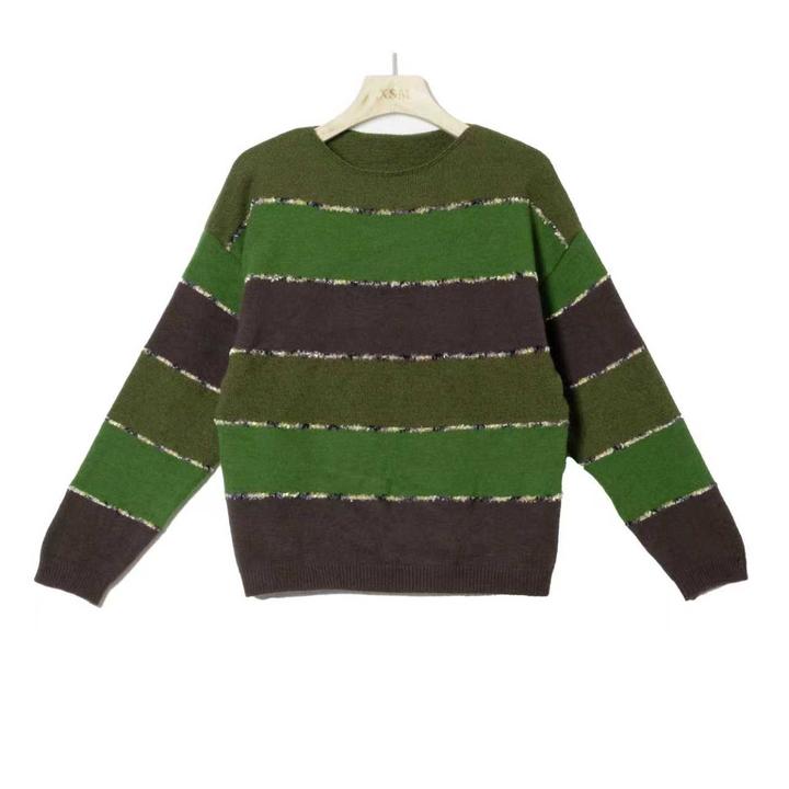 2025秋冬新款复古油彩绿宽条纹一字领针织针织衫X102/AS