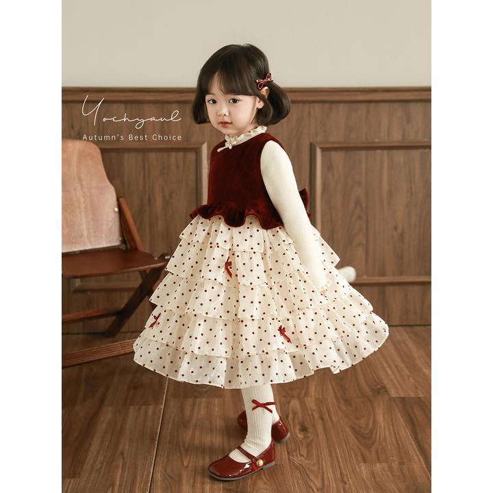 幼悠女童2025冬季新款复古波点蛋糕裙子女孩儿童保暖公主裙D4374