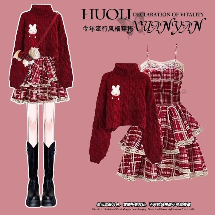 春季穿搭一整套2025新款安可拉红新年战袍针织毛衣配吊带裙两件套