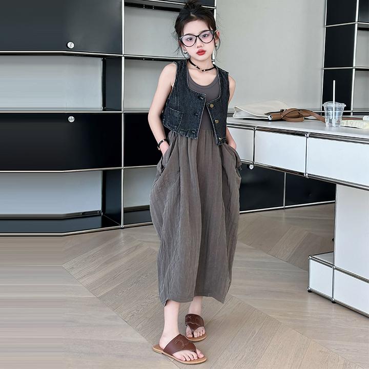 女童马甲套装2025新款洋气夏装儿童背心裙两件套韩版大童网红女孩