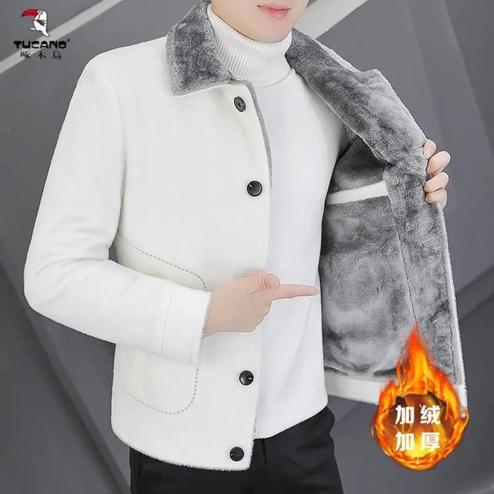 啄木鸟秋冬季水貂绒夹克男士加绒加厚休闲毛呢外套痞帅韩版潮流短