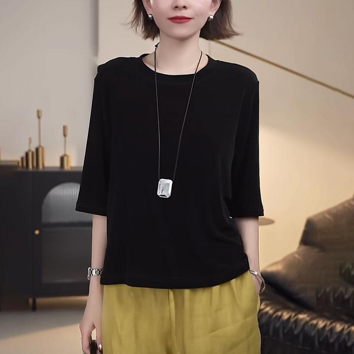 圆领正肩t恤女夏季2025宽松型显瘦时尚减龄高级感五分袖短袖上衣