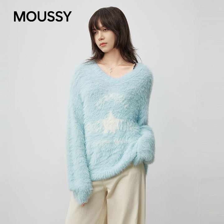 MOUSSY新款慵懒风毛绒软糯宽松V领毛针织衫028IAA70-1046