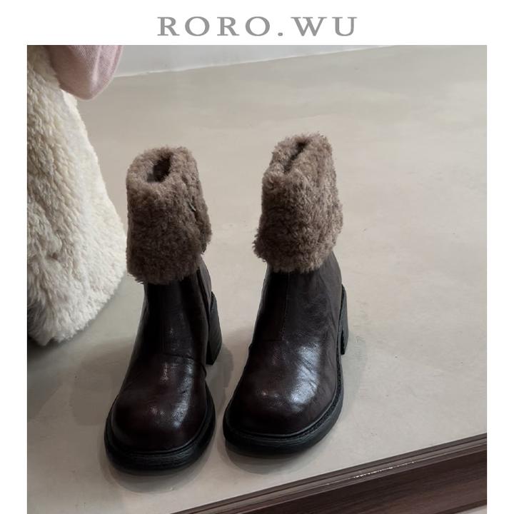 娆娆吴·牛皮英伦复古加绒保暖毛毛短靴冬季新款粗跟时装靴女Z123
