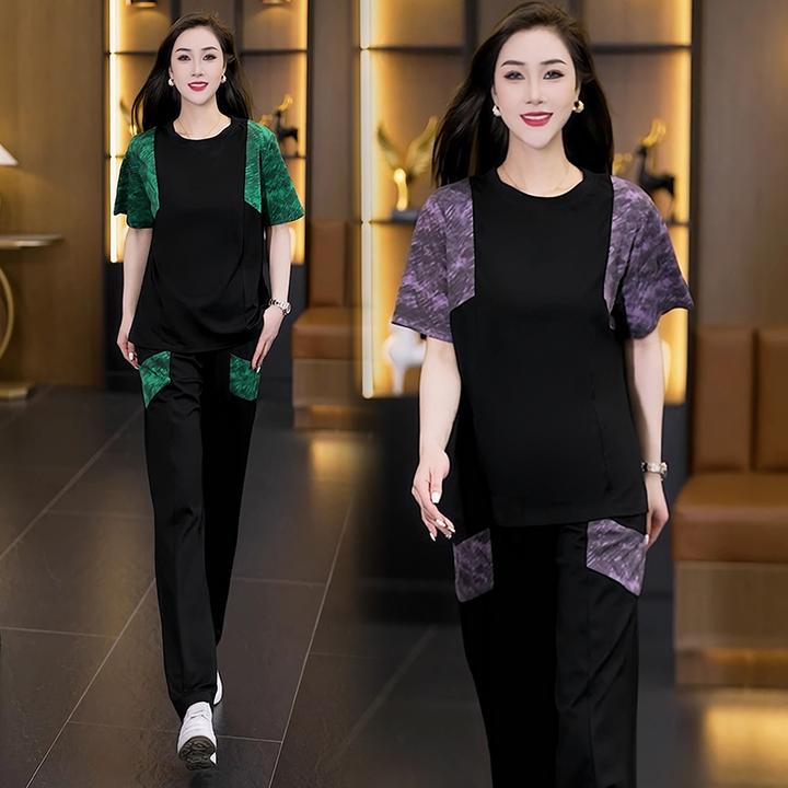 减龄休闲时尚套装女2025年新款夏季大码遮肚子显瘦洋气短袖两件套