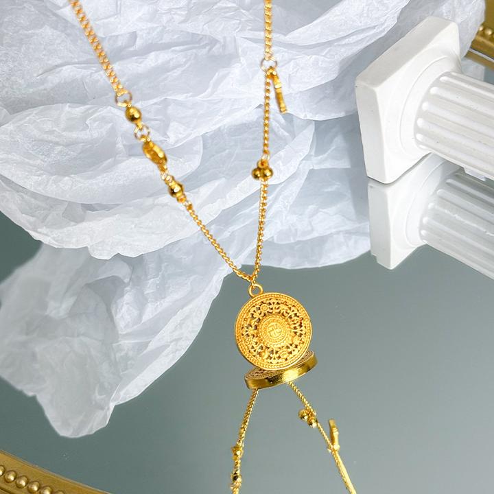 铜合金项链 新中式古法福字算盘镂空花丝圆牌金色吊坠国风锁骨链