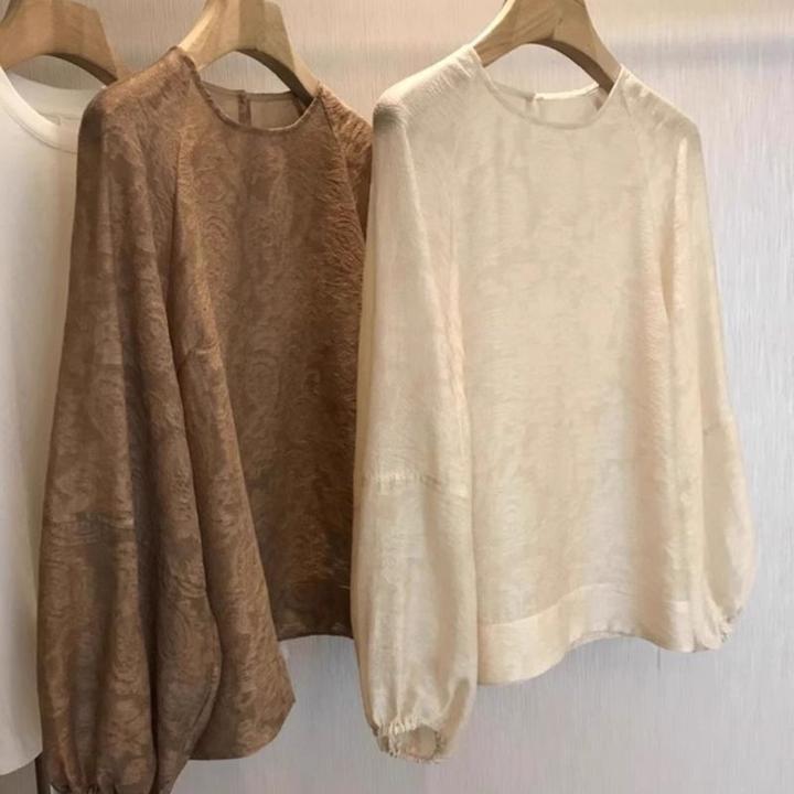 胖MM300斤法式灯笼袖提花宽松圆领衬衫女T恤春特大码遮肉长袖上衣