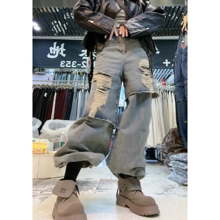 Aimeerosa/艾洛莎牛仔裤春季时尚百搭显瘦长裤潮流痞帅磨破阔腿裤