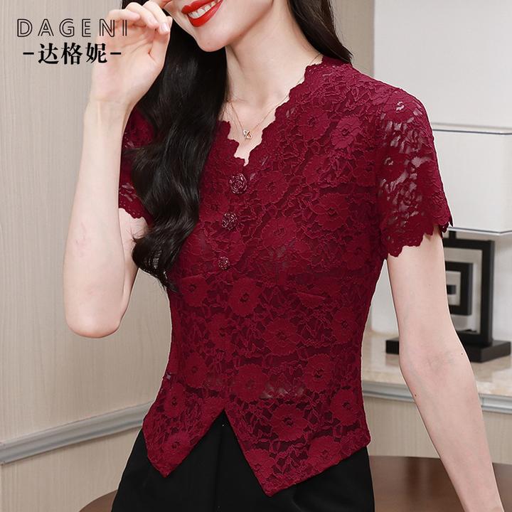 2025年夏季法式复古镂空修身洋气短袖气质显瘦上衣蕾丝打底衫女