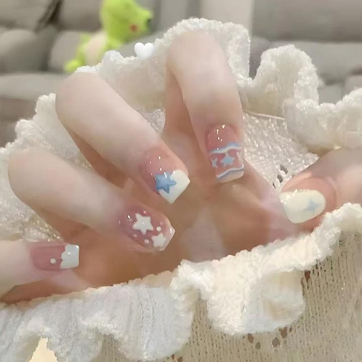 小清新短款星星冰透酸奶白天空蓝线条穿戴美甲片贴片可拆卸指甲片