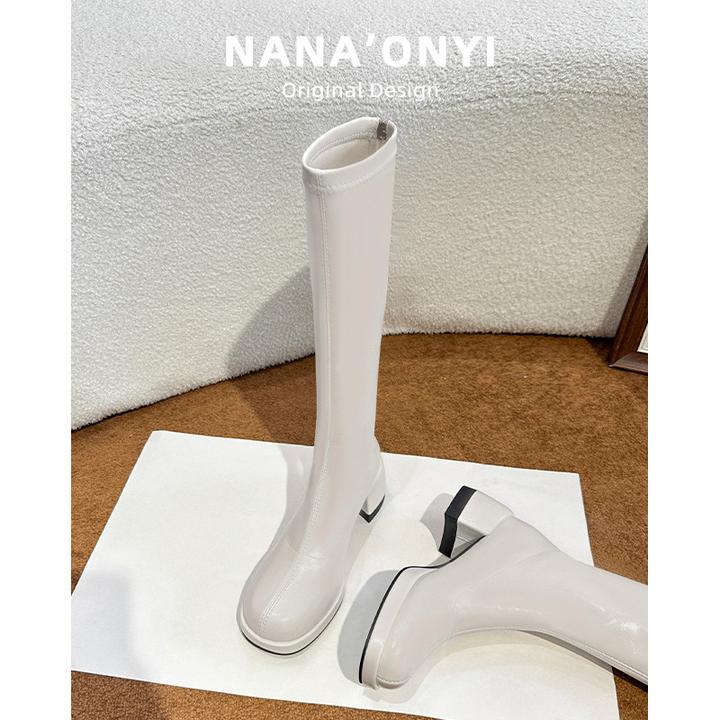 高跟长筒靴女2024年新款秋冬真皮白色长靴女小个子显瘦高筒骑士靴
