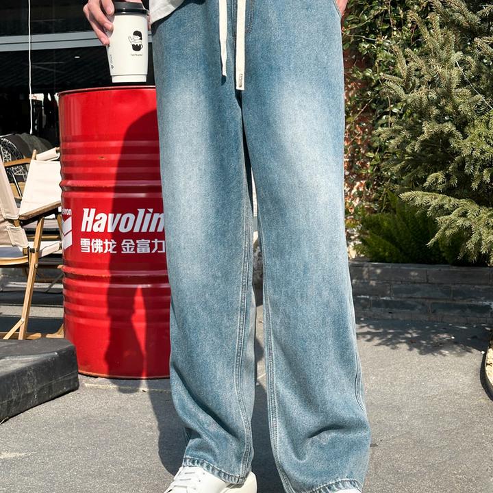 【M哥】秋冬立体竹节复古蓝水洗牛仔裤宽松休闲百搭加长直筒裤