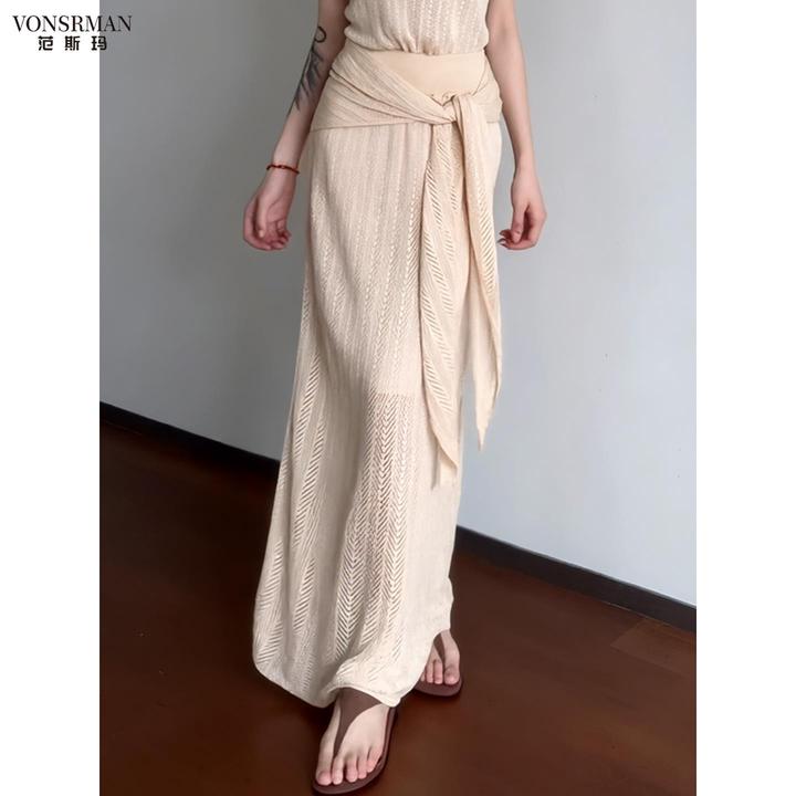 2025秋季新款法式慵懒风绑带半身裙女气质高级垂坠感针织包臀长裙