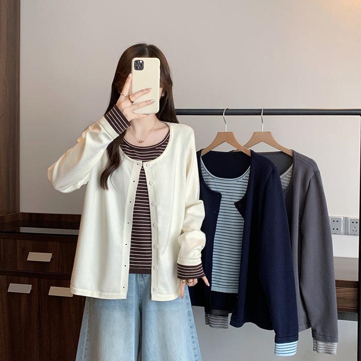 2025秋装新款胖mm大码女韩系假两件显瘦减龄长袖针织上衣72030