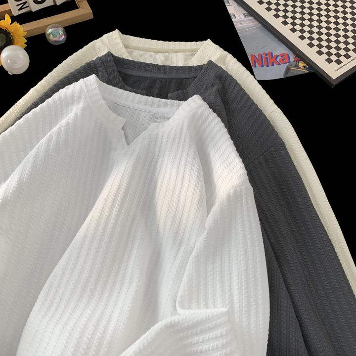 【早秋风】美式复古卫衣春秋潮牌肌理感长袖百搭T恤宽松v领打底衫