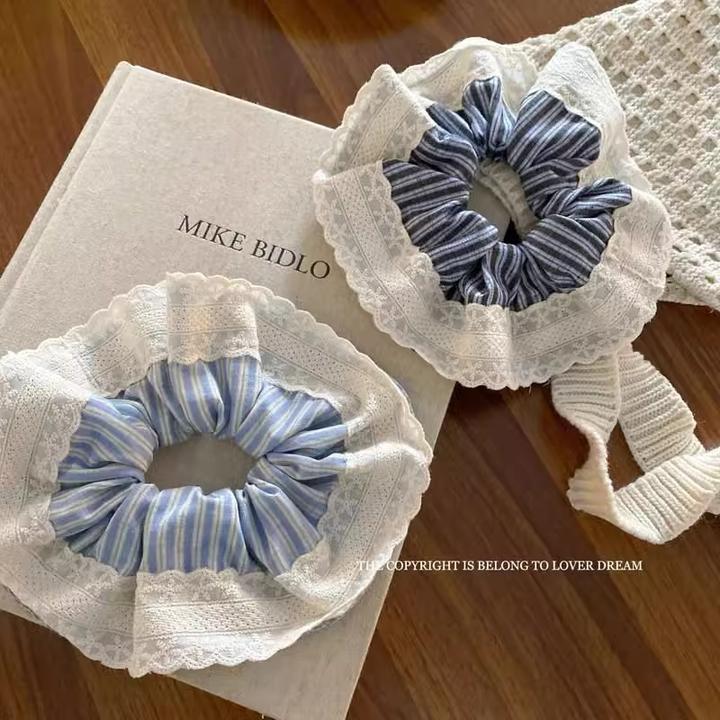 韩国ins新款蕾丝花边蓝色条纹大肠发圈时尚高级优雅头饰气质发饰