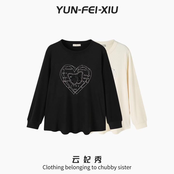 云妃秀大码女装T恤圆领长袖爱心装饰宽松显瘦遮肉胖妹妹冬季7303