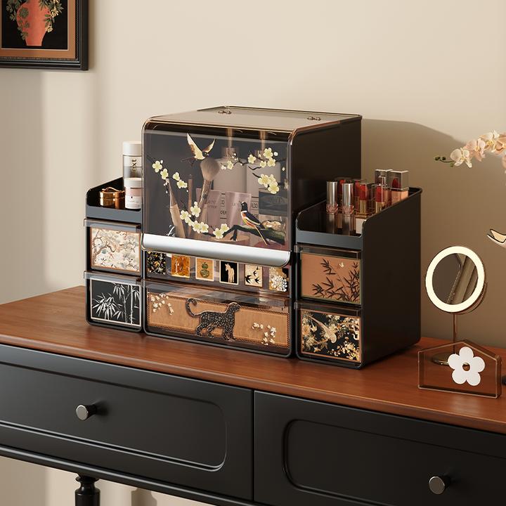 美世达化妆品收纳盒桌面高级感防尘中古风梳妆台护肤品口红置物架