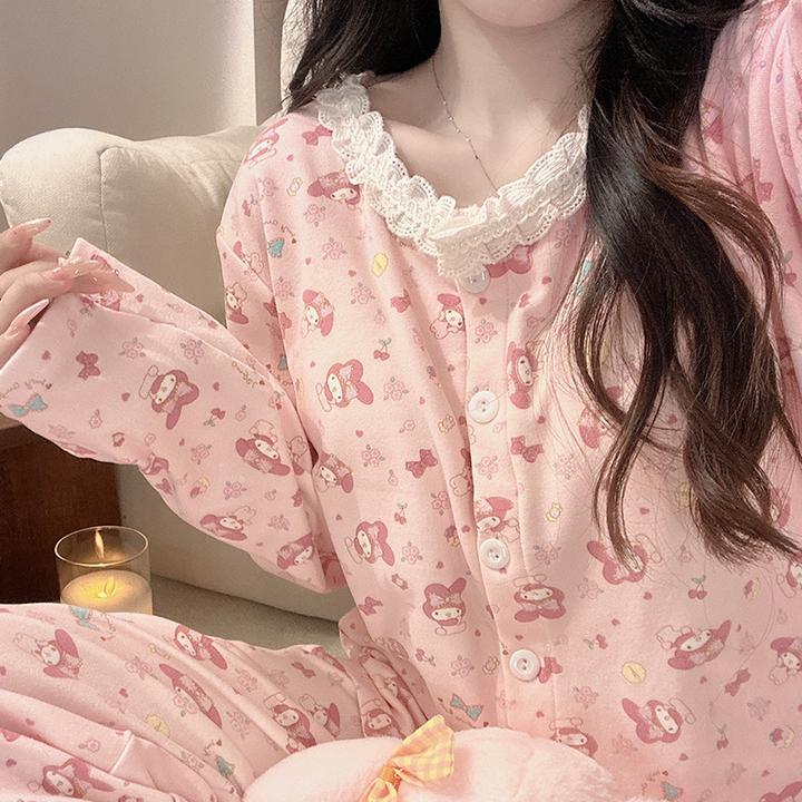 德绒提花领美乐蒂带胸垫睡衣女生秋冬季长袖长裤少女心家居服套装