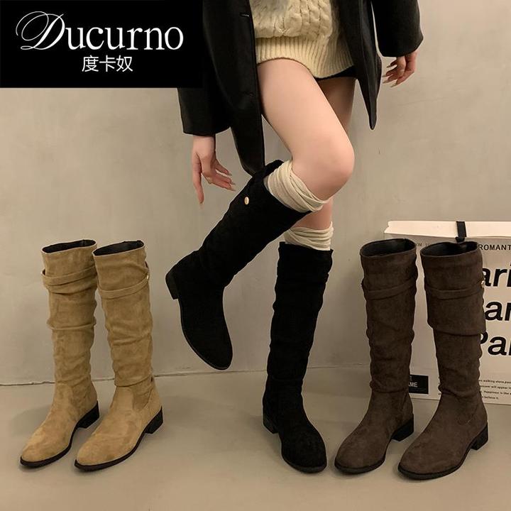 DUCURNO 粗跟覆古长筒靴骑士靴女鞋2025新款秋冬季褶皱堆堆长靴子