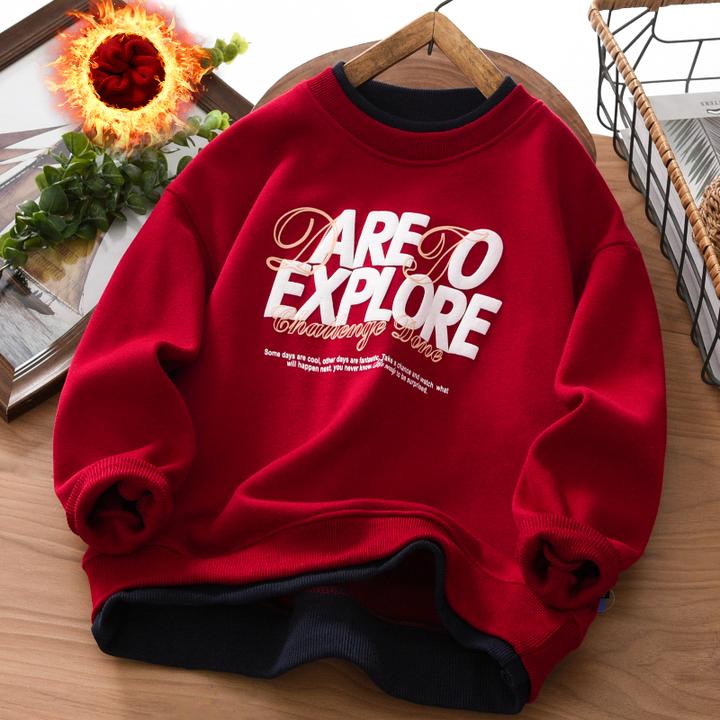 男童加绒红色卫衣冬季2025新款中大童加厚奥粒绒男孩儿童新拜年服