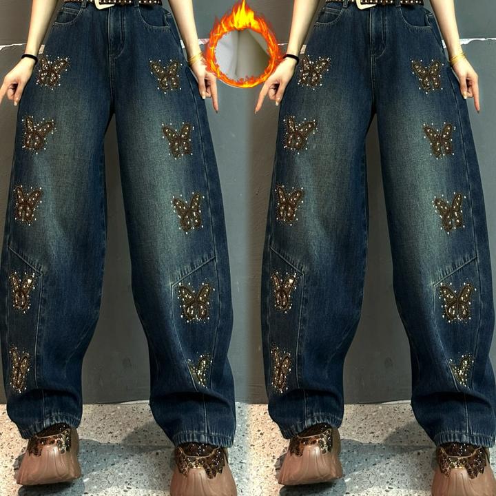 【亿火】冬季复古印花蝴蝶刺绣加绒烫钻水洗弯刀牛仔裤-G245-5137