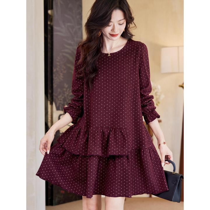 DUCURNO波点印花红色连衣裙女秋季新款韩版减龄气质宽松显瘦a字裙