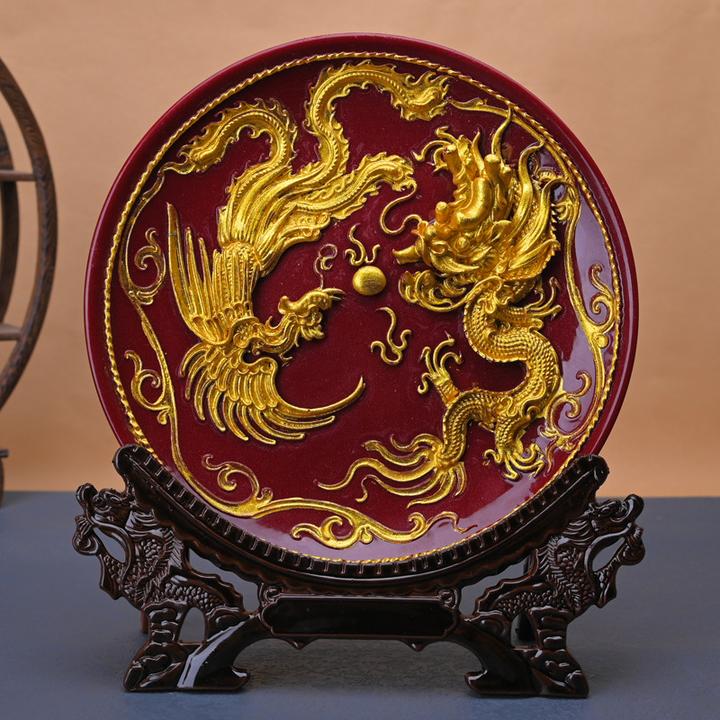 朱砂紫金客厅玄关装饰品乔迁工艺品送礼礼品桌面龙凤盘子摆件