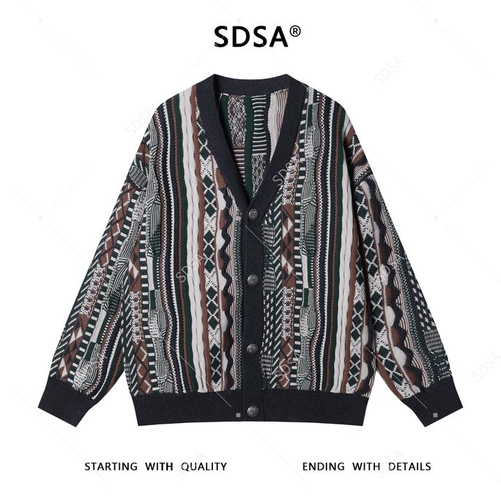 SDSA秋冬新款痞帅男装韩版撞色竖纹纽扣V领针织衫百搭开衫毛衣