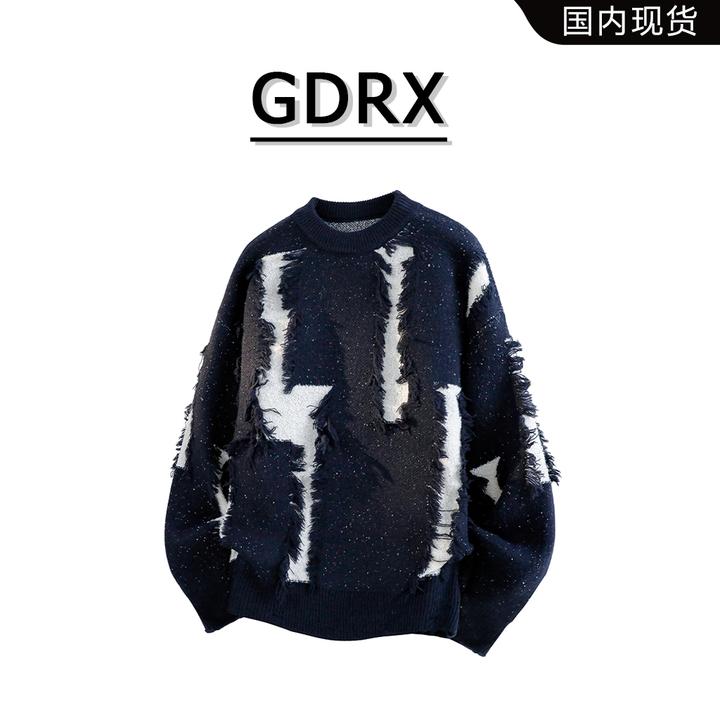 GDRX韩系痞帅破洞毛衣男款秋冬季慵懒风设计感小众圆领针织衫上衣