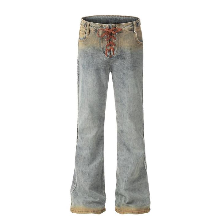 美式复古休闲潮流微喇叭个性水洗做旧脏色门襟系带设计辣妹牛仔裤