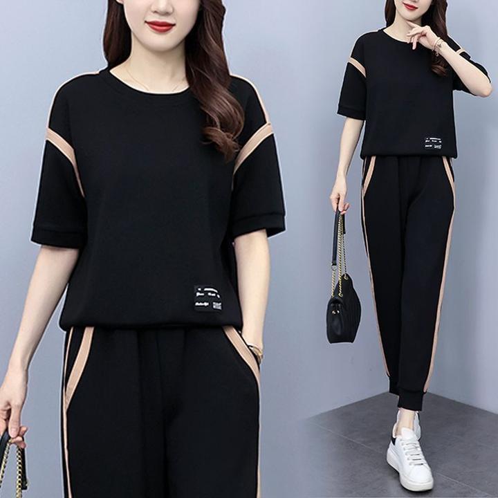 胖人宽松简约时尚套装大码女装200斤夏装遮肚显瘦休闲