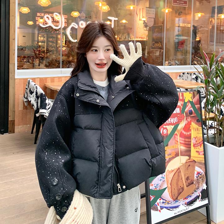 高级感时尚亮片毛呢拼接立领羽绒棉服女2024冬新款9短款加厚外套