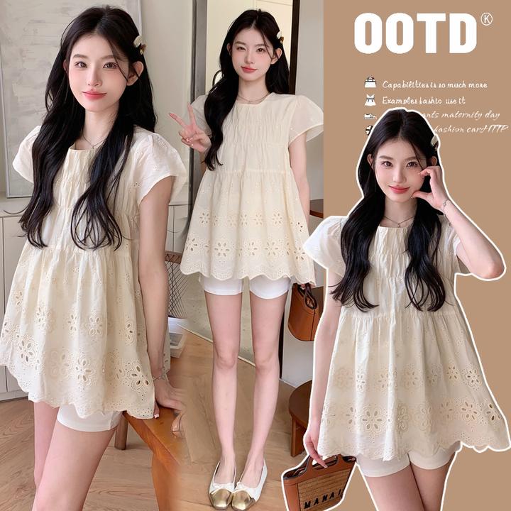 孕妇套装夏季甜美时尚减龄娃娃衫绣花孕妇装上衣+托腹短裤两件套