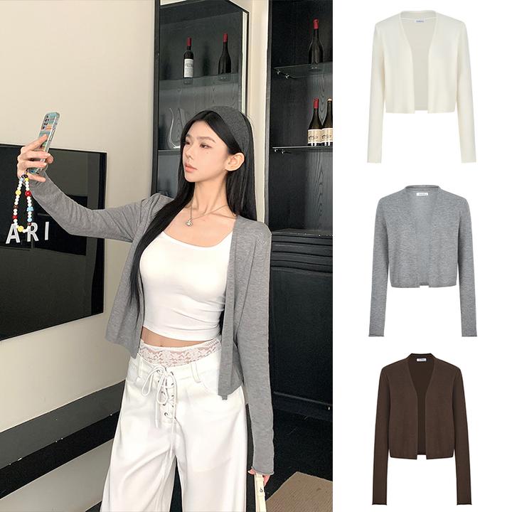 Moses Queen/魔西女王灰色针织开衫女春秋薄款慵懒感软糯坎肩外套