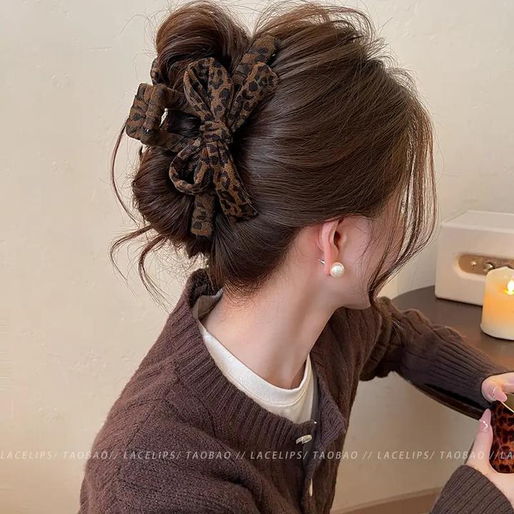 秋冬豹纹蝴蝶结抓夹鲨鱼夹气质复古后脑勺发夹百搭