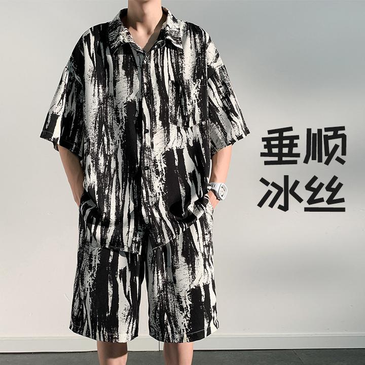 中国风扎染冰丝短袖衬衫套装男夏季潮牌大码短裤子休闲运动两件套