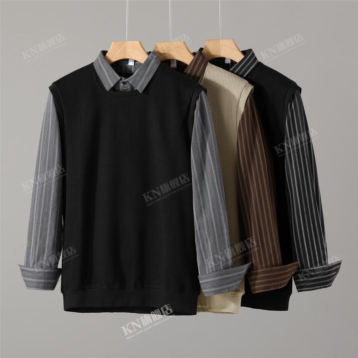 2025秋冬新款衬衫领拼接假两件针织衫男潮流翻领撞色时尚百搭长袖