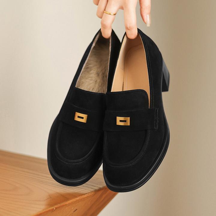 真皮金属扣加绒保暖单鞋女气质高跟鞋粗跟英伦风复古深口乐福鞋子