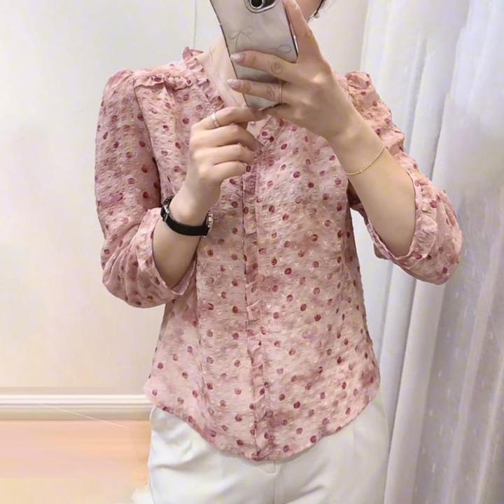 粉色波点V领花边长袖衬衫女2025年早秋新款洋气通勤优雅时尚上衣