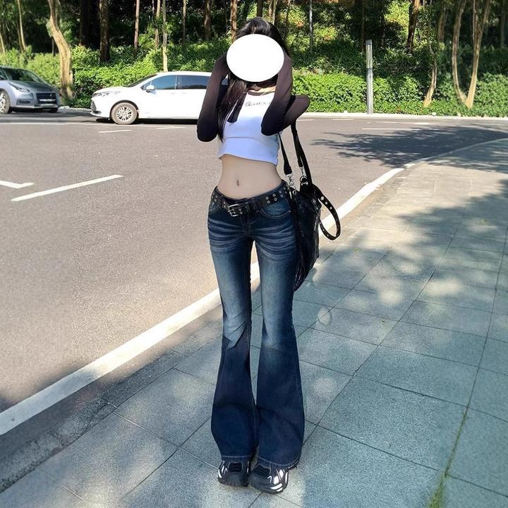 花乐集美式高腰微喇叭牛仔裤女新款复古辣妹弹力修身显瘦马蹄长裤