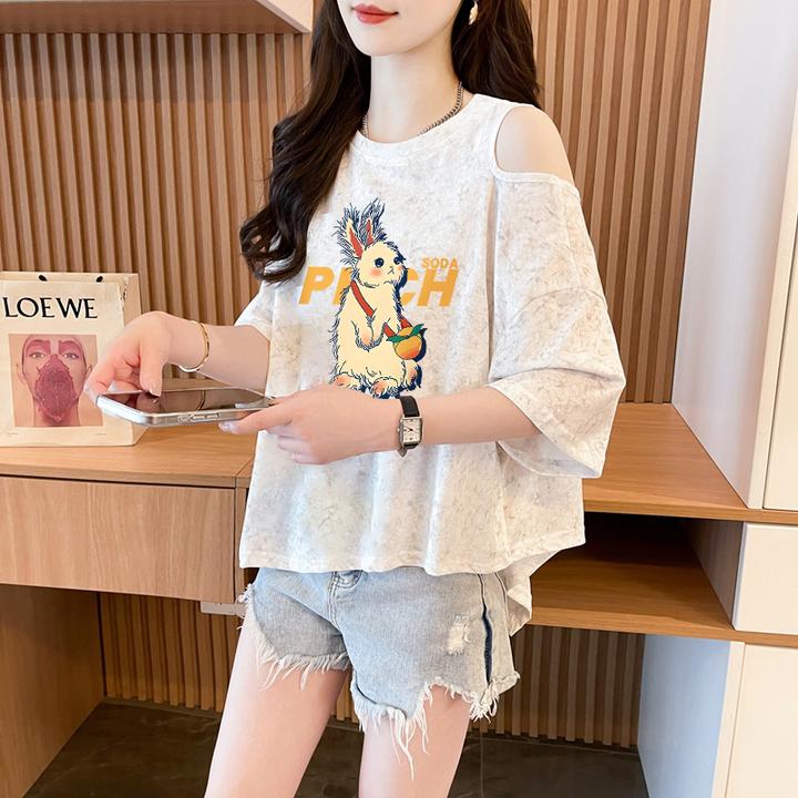 扎染卡通露肩短袖T恤女夏季2025爆款宽松设计感显瘦大码半袖上衣