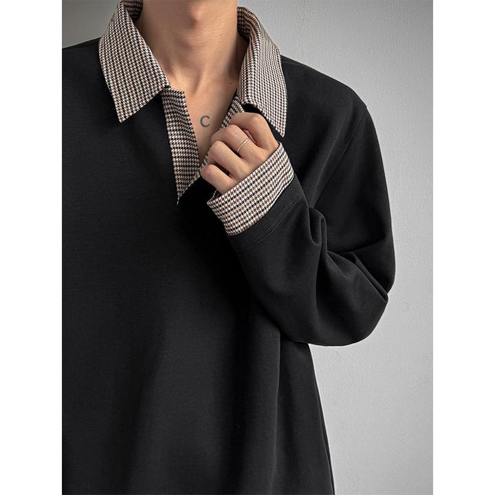 美式正肩黑色假两件polo衫卫衣男款秋季千鸟格拼接高级感长袖t恤