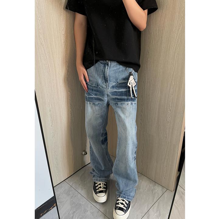 hiphop嘻哈高街水洗裂纹蓝色宽松直筒牛仔裤男 ins夏季阔腿裤长裤