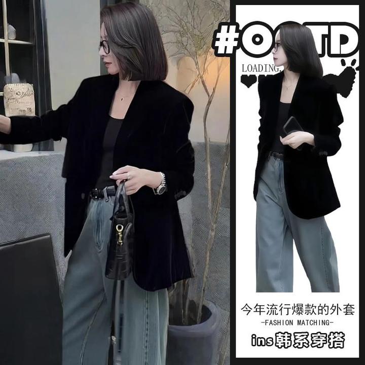 秋冬高级感炸街黑色丝绒西装外套女显瘦气质女神范小个子西服上衣