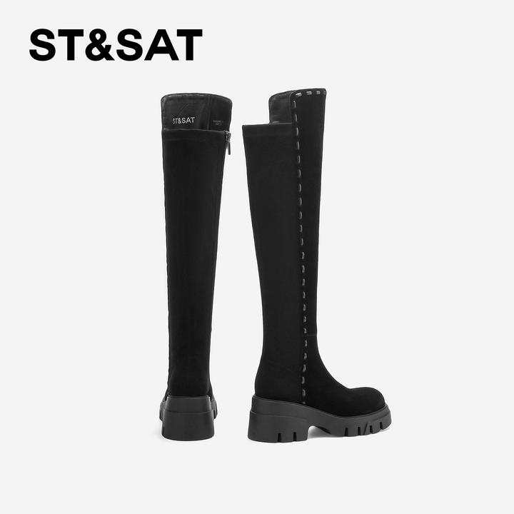 St&Sat/星期六学院风时装靴英伦女鞋圆头粗腿靴子气质黑色长筒