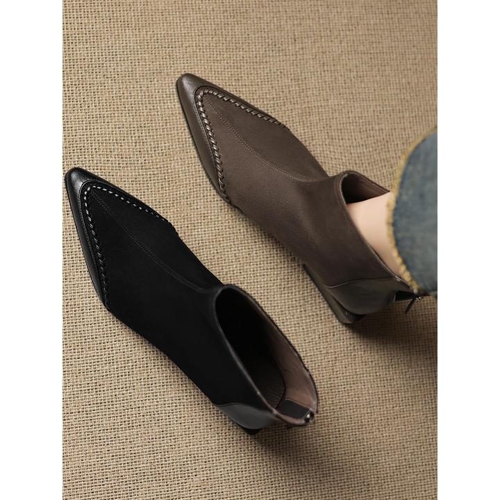 粗跟法式复古尖头小短靴女秋冬磨砂真皮拼接瘦瘦靴