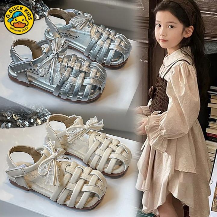 小黄鸭女童包头凉鞋2025夏季编织蝴蝶结公主鞋韩版女孩软底沙滩鞋