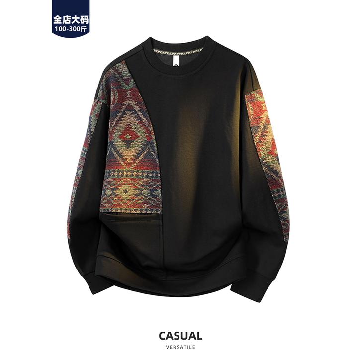 保罗大码卫衣男士加肥加大春秋款潮牌覆古撞色拼接长袖上衣宽松打